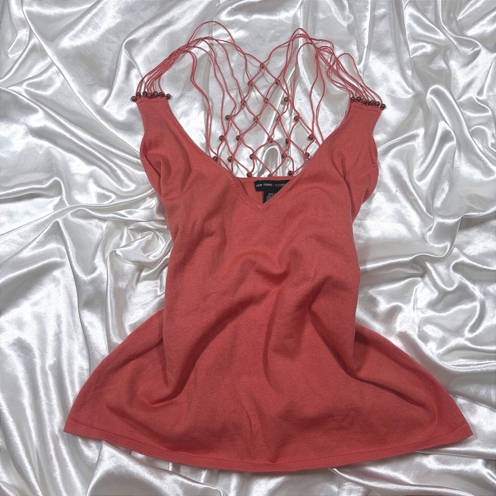 y2k Tank Top Coral Excellent Macrame Beaded Back Silk Blend V-Neck